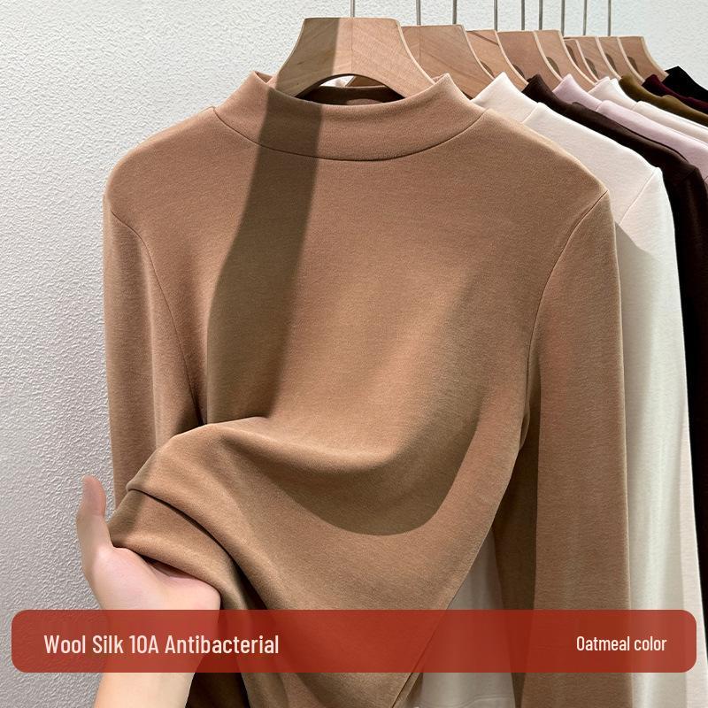 Women's Wool-Blend Base Layer Top: Half-High Collar, Velvet-Lined, Thickened, Silk Lyocell, Warm Long-Sleeved.