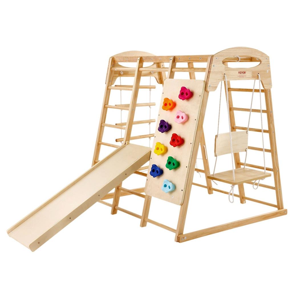 Indoor Jungle Gym, 7-in-1 Toddler Indoor Playground, 120 x 147 x 142 cm, with Wood and Rope Ladder, Net Ladder, Swing, Monkey Bar, Slide, Climbing