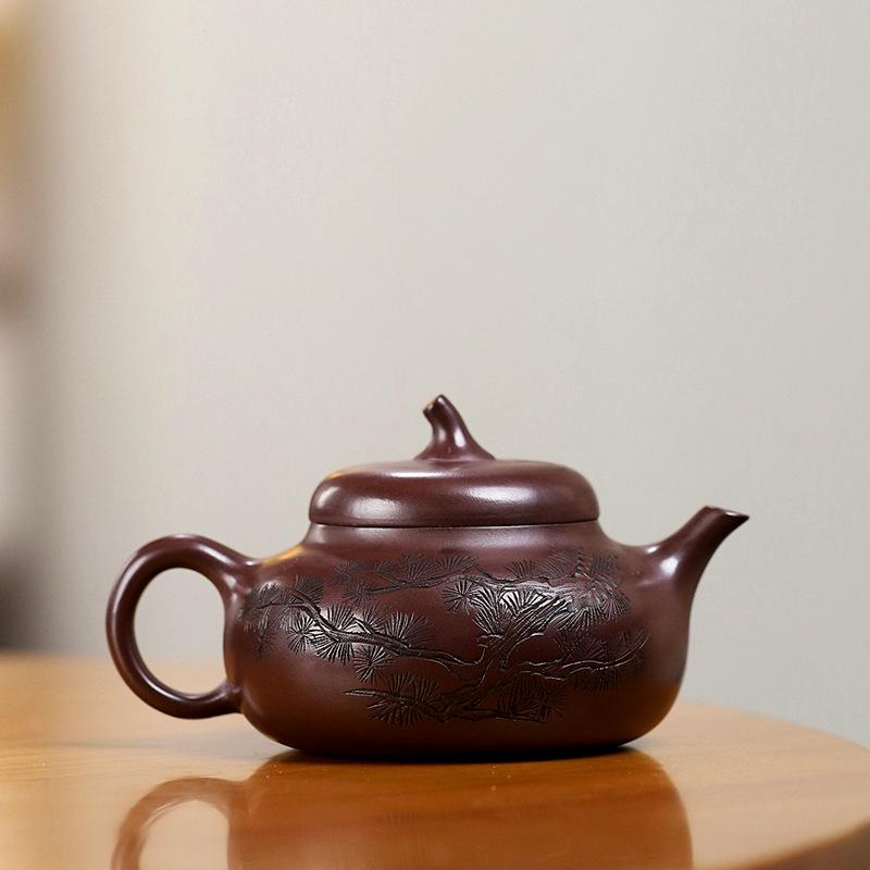 Cipher Yixing Original Ore Purple Clay Zisha Eggplant Gourd Teapot - Handmade Carved Gongfu Tea Set