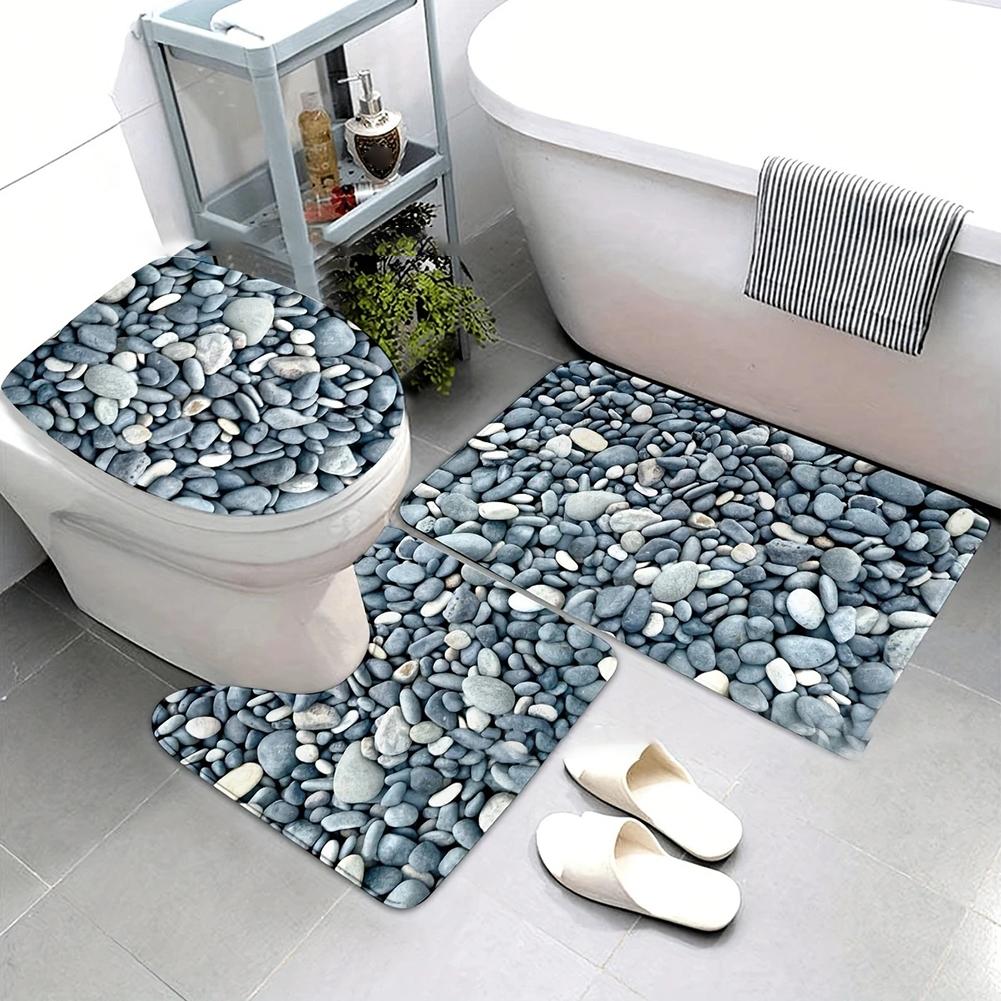 3 Piece Stone Style Bath Mat Set Designed for Bathroom Floor Safety with Non Slip Base and Efficient Water Absorption