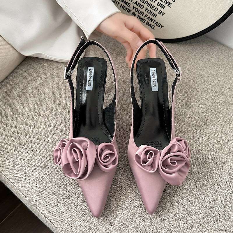 French high heels women's summer medium stiletto small heel flower satin pointed single shoes evening bag head one-word buckle sandals tide