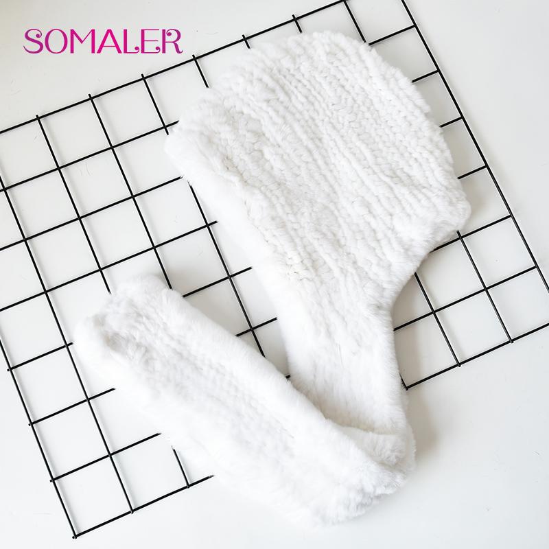 SOMALER Vinter kaninpelshue Skjerf for kvinner Russisk stil strikket pelsbeanies og skjerf