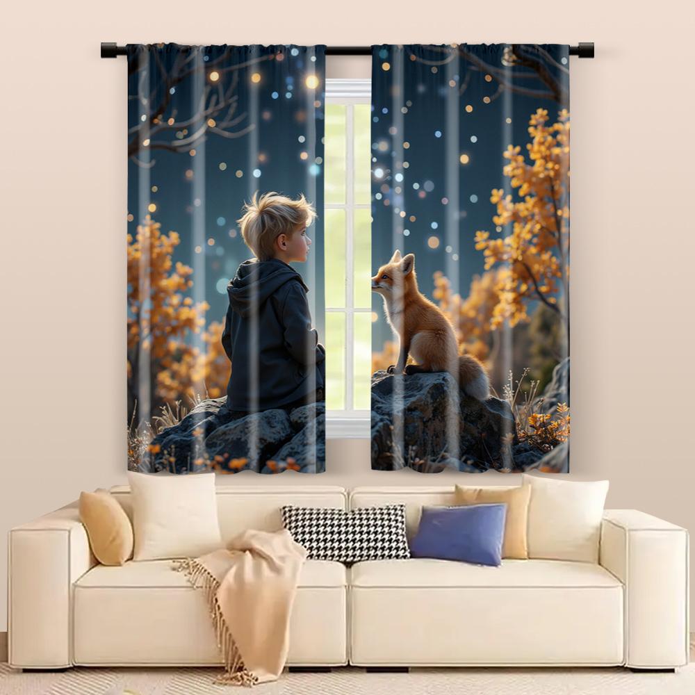 2 Pcs, Filtering Curtains (excluding Rods, Non-movable, Without Batteries) Boy & Little Fox for Use In Bedrooms and Living Rooms