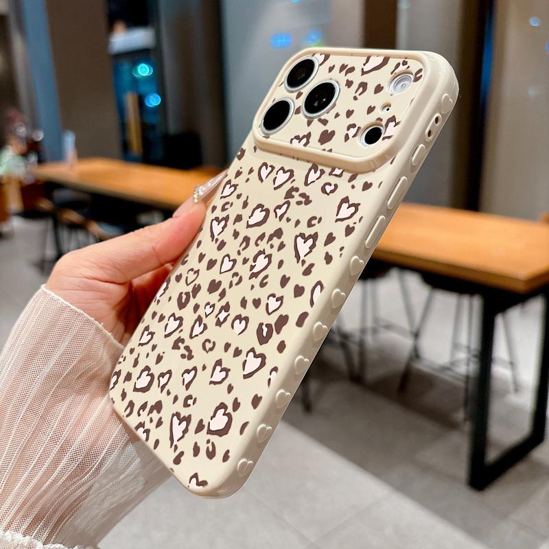 Leopard Print With Hearts Soft Heart Relief Side Phone Case For iPhone 17 16 15 14 13 12 11 Pro Max 14 Plus Shockproof Cover