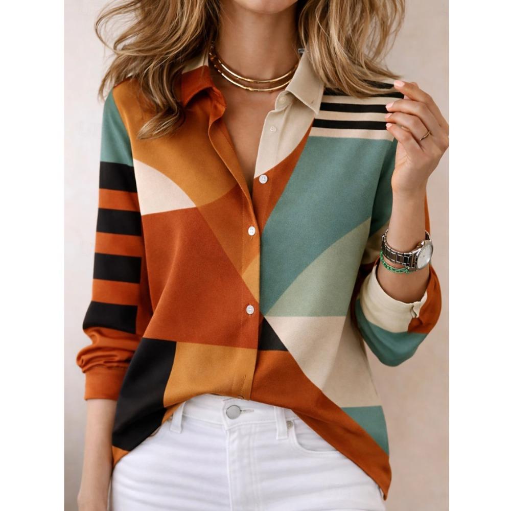 Geometric Print Women Blouse Spring Autumn Femme Office Lady Button Up Turn Down Collar Shirts
