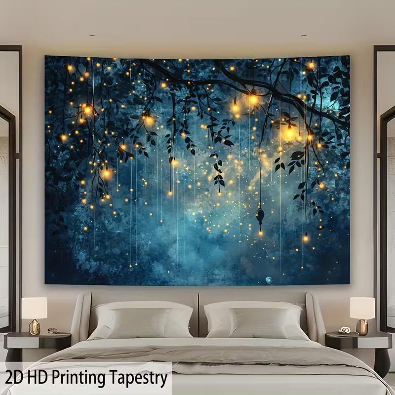 

2D Firefly Night Forest Tapestry Blue Background with Glowing Lights Wall Decor 47.2x31.5inch/120*80cm