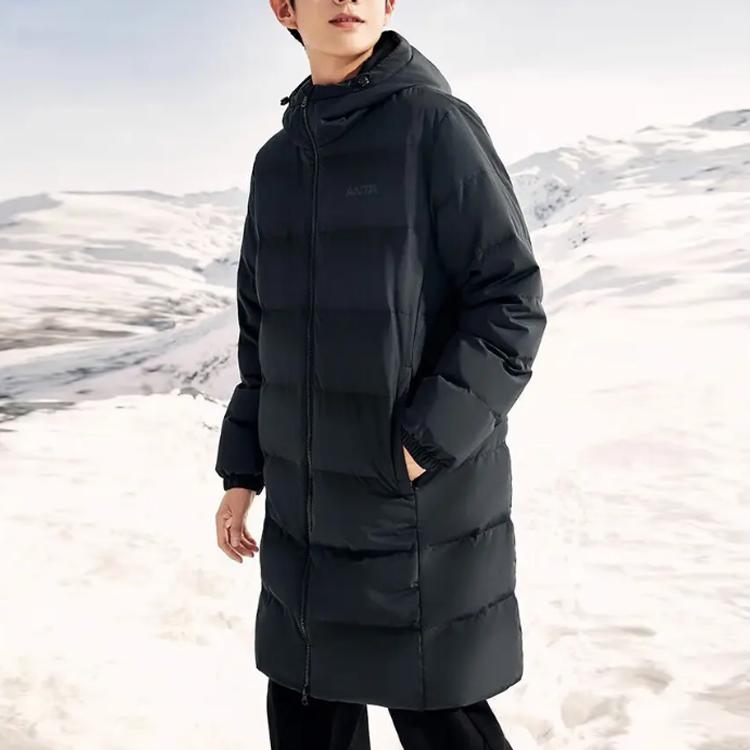 Anta Solid Color Hooded Straight Cut Warm Down Jacket Men Outerwear Black 952348907-3