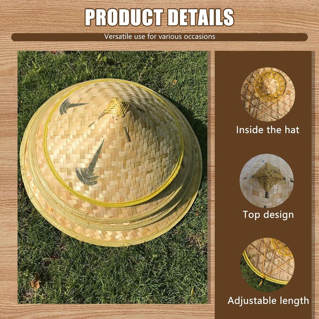 Chinese Straw Hat Handmade Rattan Hat Stylish Straw Hat with Adjustable Chin Strap for Fishing Gardening Camping Hiking Outdoors