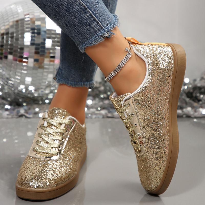 2025 Women's Sneakers Luxury Sequined Casual Shoes Fashion Outdoor Vulcanized Shoes for Women Lace Up Flats Zapatillas De Mujer