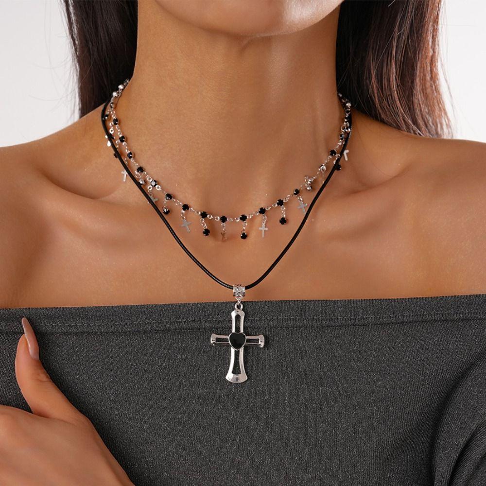 Heart Cross Pendant Choker Necklace Gothic Neck Jewelry Creative Double Layer Necklace  Girls