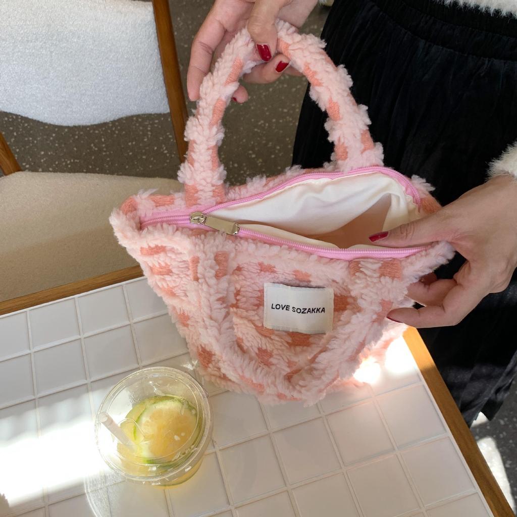 21084 New Lambswool Waffle Handheld Tote - Women's Large Capacity Autumn/Winter Handbag