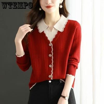 Sweter damski jesień/zima modny krótki sweter z dzianiny podstawowej kołnierzyk POLO czerwony sweter