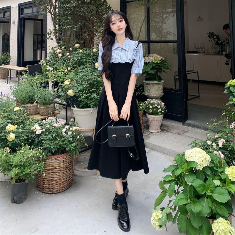 Design French Dress Women's Summer New Large Size Fat Mm Fake Two Pieces Thin College Style Short Sleeve Long Skirt