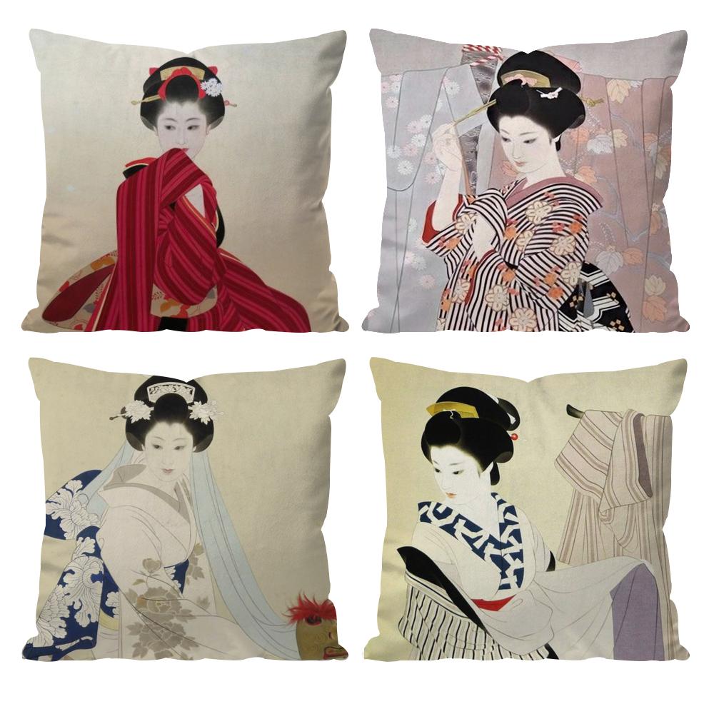 Japanese Lady Classic Cushion Cover Pattern Printed Pillowcase for Living Room Sofa Cushion Cover & Bedroom Decor