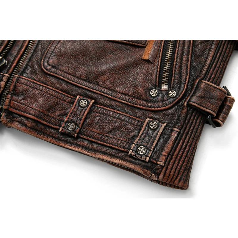 Čínská velikost Vintage hnědé motocyklové vesty Muži Přírodní hovězí kůže Bunda z pravé kůže Pánská jezdecká vesta bez rukávů Motorkářské bundy