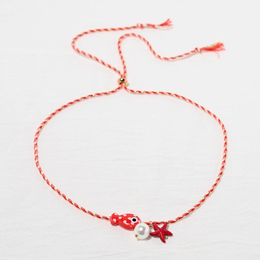 Colorful Bohemian Ceramic Fish Pendant Necklace for Women Adjustable Multicolored Rope Choker Jewelry for Summer Beach Vacation