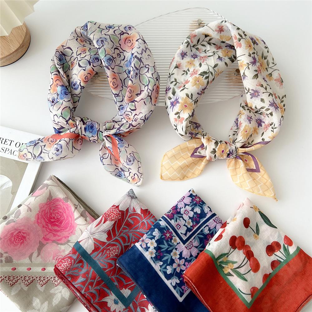 55cm Girls Cotton Linen Spring Square Scarf for Women Chic Headband Fashion Decorative Hairband Floral Neck Scarf