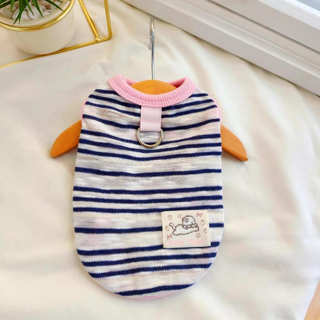 Striped Dog Vest with D-ring, Cute Embroidery Sleeveless Pet Shirt for Small Dogs