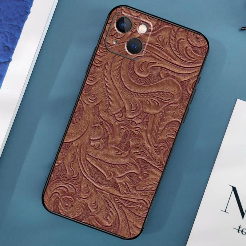Brown Tooled Leather Pattern Case For iPhone 15 11 12 13 14 Pro Max 12 13 Mini X XS Max XR 7 8 Plus SE 2020 Cover Coque