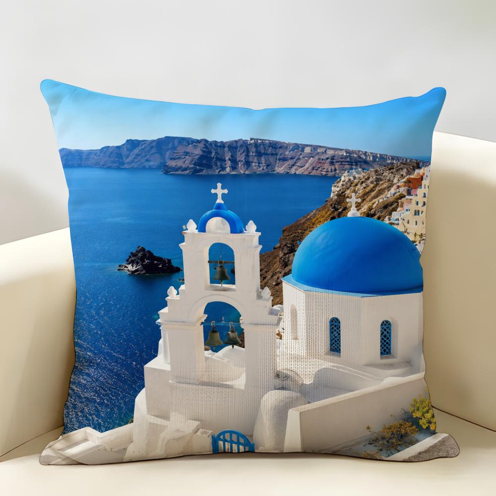 Griechische Santorini Serie Muster Kissenbezug Langlebig Hypoallergen Bio-Leinen Kissenbezug Kurze Größe Waschbar Hautfreundlich