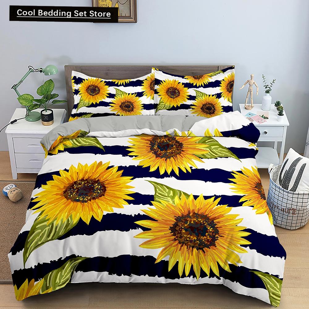 3D Sunflower King Queen Duvet Cover Yellow Flowers Bedding Set  Floral Green Leaves Comforter Cover 2/3pcs Polyester Quilt Cover
