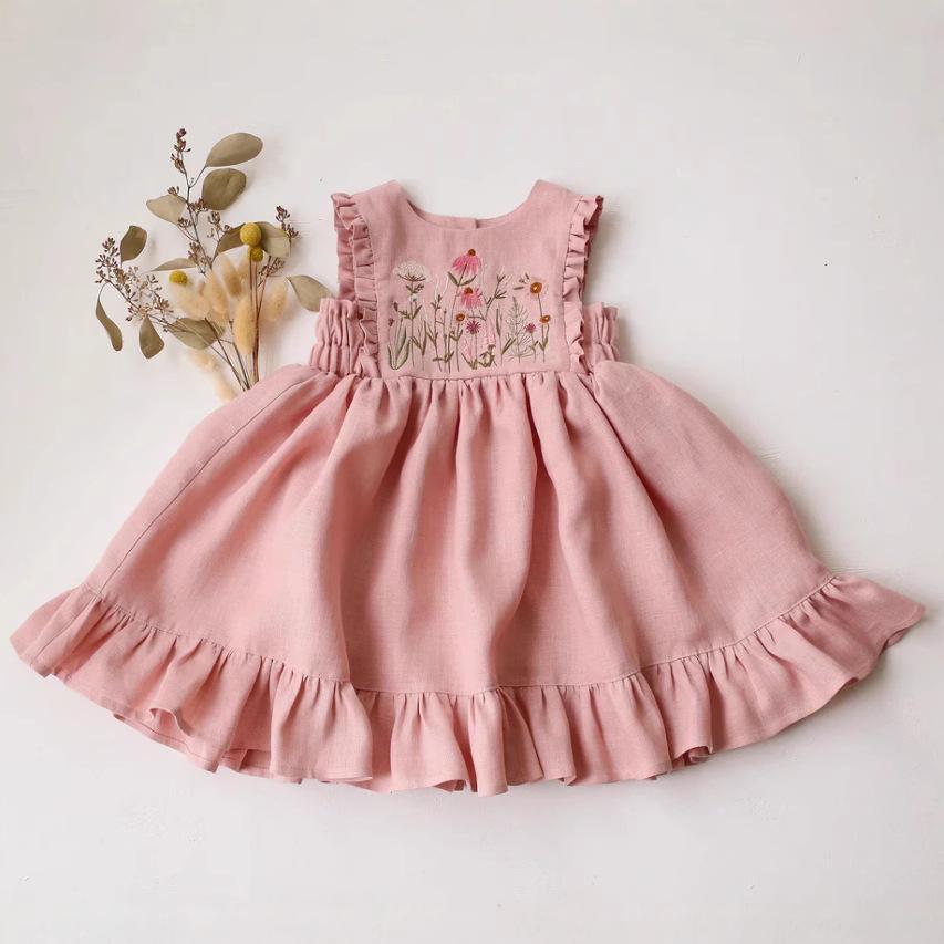Girls' Summer Pastoral Style Ruffled Sleeve Embroidered Floral Dress