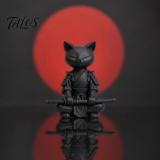Cat Themed Home Decor 3D Printed Knight Figurine, Meditating Desk with Zen Warrior Pose, Showcase Ornament Minimalist Frosted Animal Sculpture