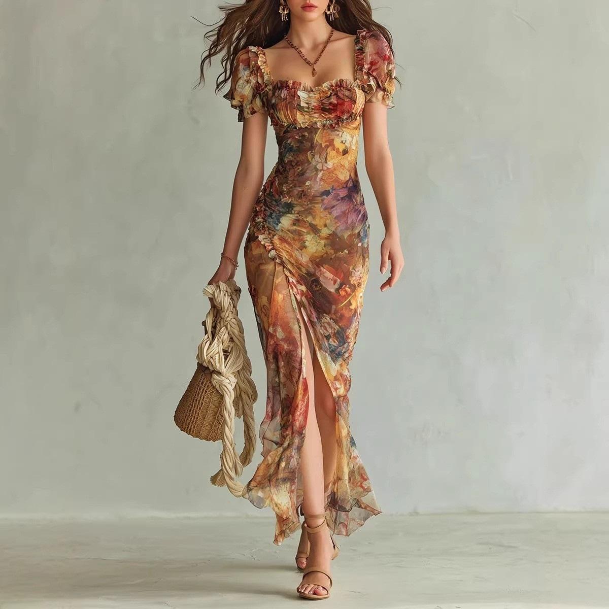 spring new V-neck waist ruffle temperament dress, Amazon independent station cross-border women S