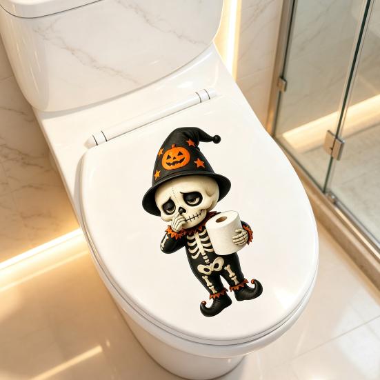 Waterproof PVC Toilet Art Halloween Skeleton Sticker, Funny Pooping Lid Decal, Dark Humor Decal Adhesive Bathroom Sticker for Tank, Holiday Home Decor