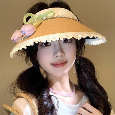 2025 Tulip Lace Empty Top Hat Women's Summer Big Brim Sun Hat Outdoor Straw Sun Protection Hat