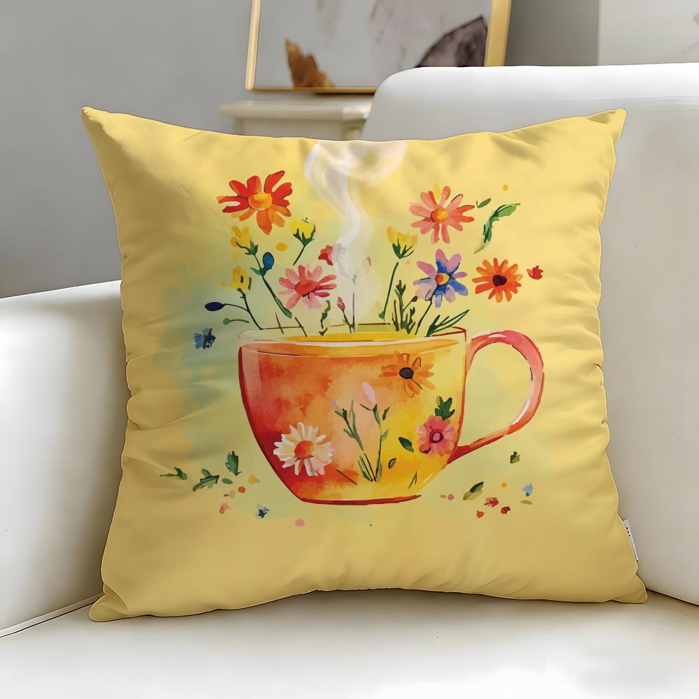 Trendy Ccup of Flowerses Cushion Cover Soft  EasyWash Pillow Case  Versatile for Couch Bed Travel and Office