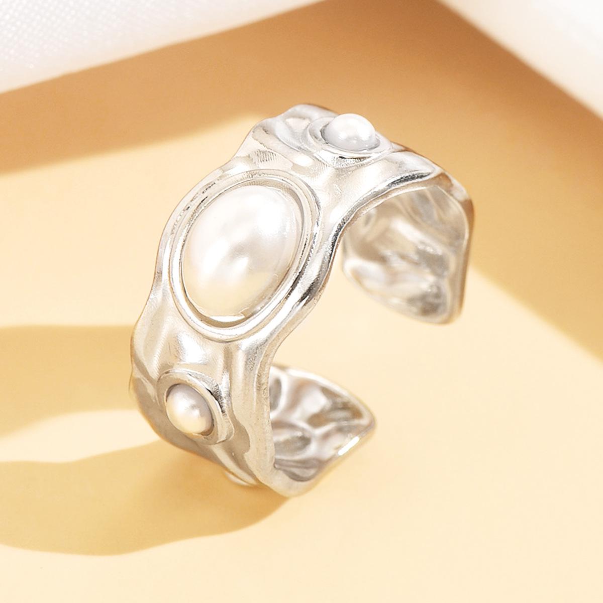 Women s Geometric Stainless Steel Retro Pearl Ring