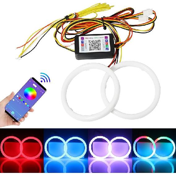 Qasim Angel Eyes Halo Rings Cotton Lights 12V 70MM RGB LED Universal for Car Scooter Motorcycle DRL Fog Light Turn Signal Light APP Bluetooth Control