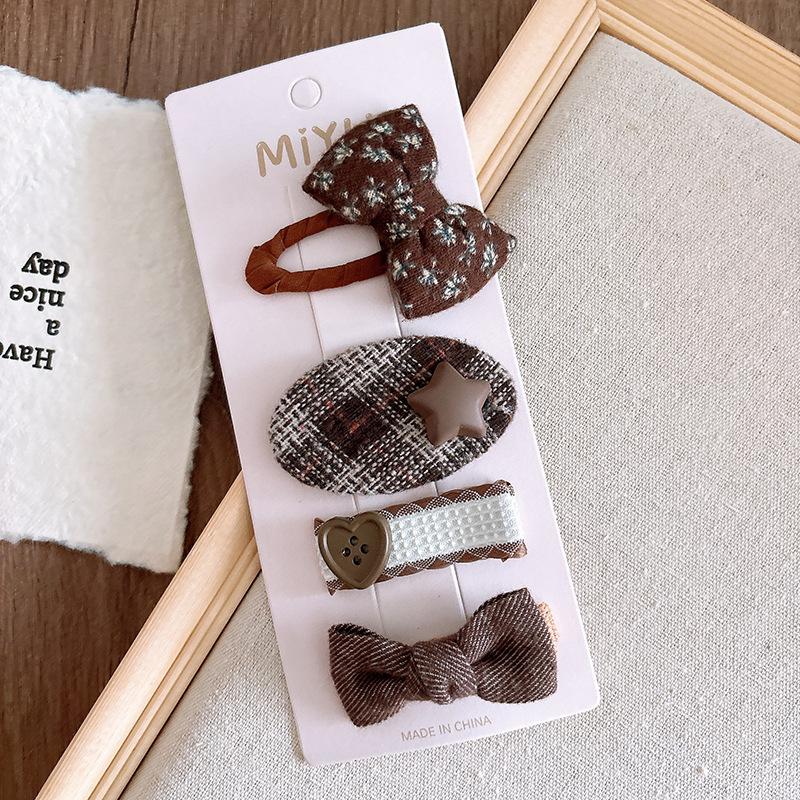 4pcs/set Beige Coffee Color Elegant Hair Clip for Young Kids Sweet Retro Floral Bow Children Barrettes Cute Hair Accessories