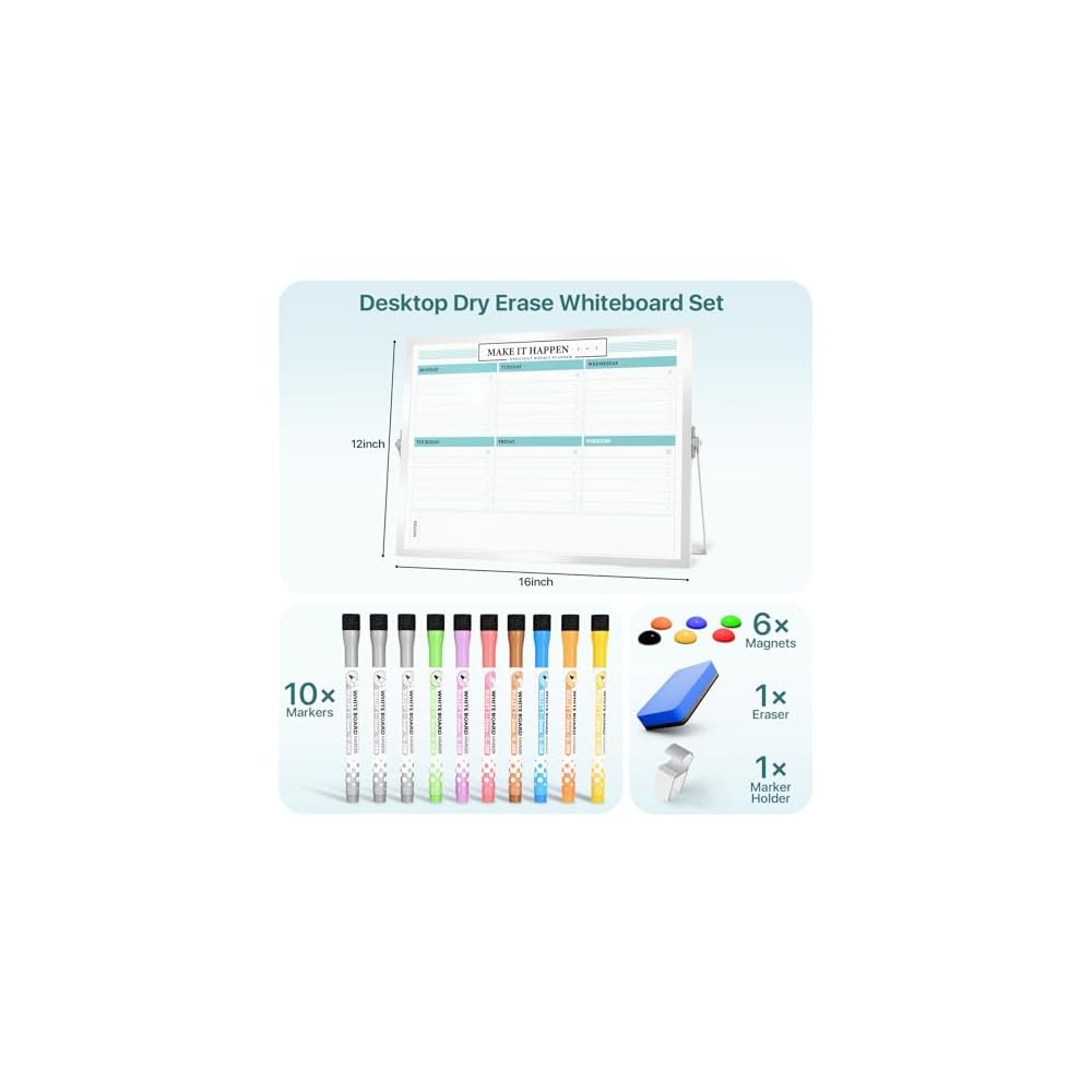 Marsrock Whiteboard, Plain Weekly Planner, Double-Sided, Freestanding, A3 Size, Desktop, Magnetic