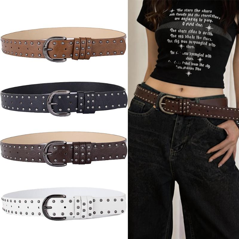 New Hip-Hop Rivet Belt Women Punk Style Pu Leather White Black Retro Belt Strap Waistband Fashion Y2K Jeans Belt Accessories