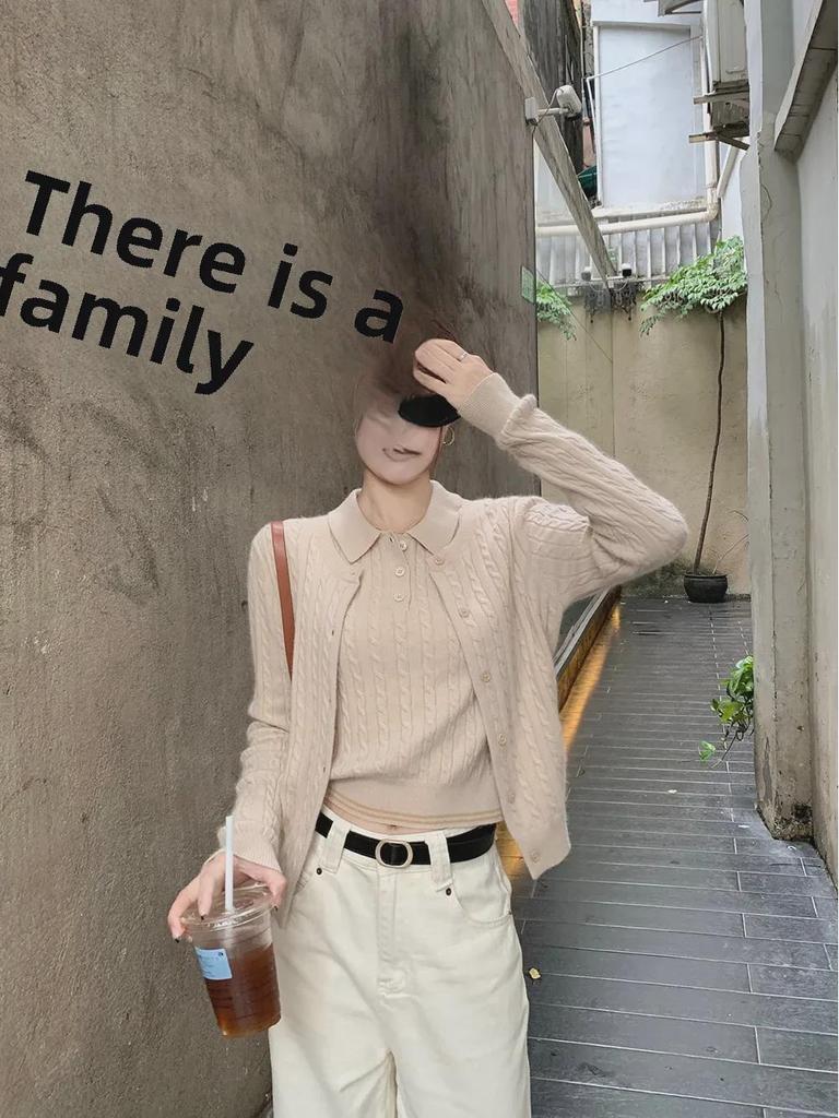 Cardigan Tricoté Rouge Deux Pièces pour Femme & Chemise de Fond Brodée - Style Rétro Automne