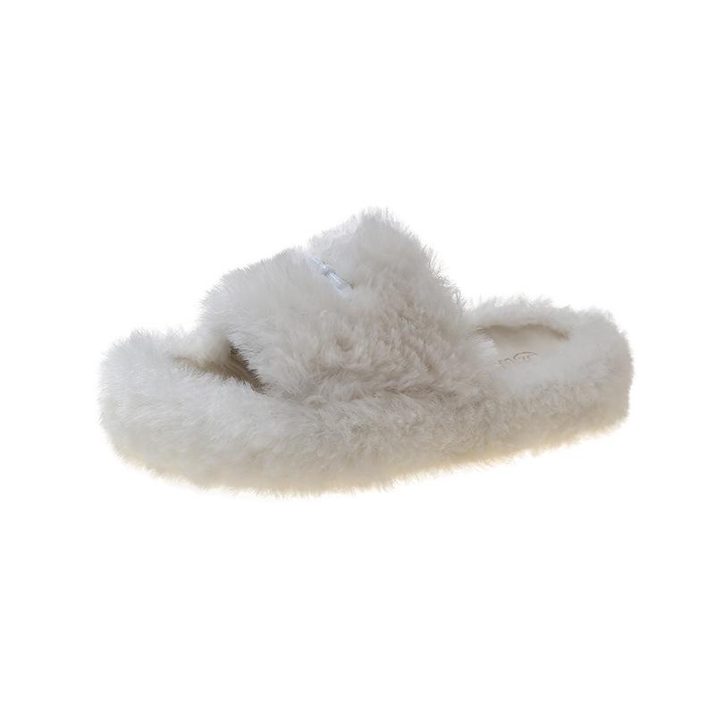 Damen 2024 Trendige Fuzzy Cross Hausschuhe - Dicke Sohle Lammwolle für Innen-/Außenbereich