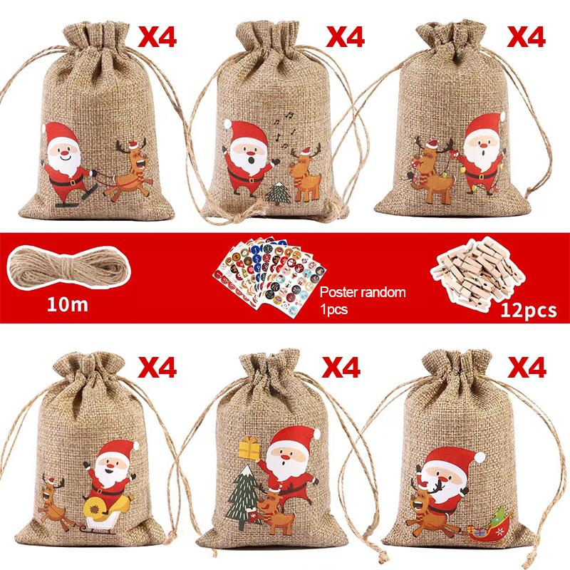 2026 Christmas Advent Calendar Small Christmas Gift Bags Tiny Christmas Burlap Candy Bag Holiday New Year Party Favors Supplies