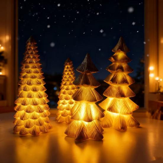 Yousheng 4 Pcs Light Up Christmas Tree Figurines Resin Christmas Tree Tabletop Decoration for Holiday Mantel Desk Centerpiece