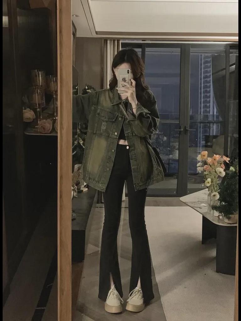 Women's Retro Distressed Ripped Denim Jacket - New 2024 Korean Style, Loose Long-Sleeve for Spring & Autumn