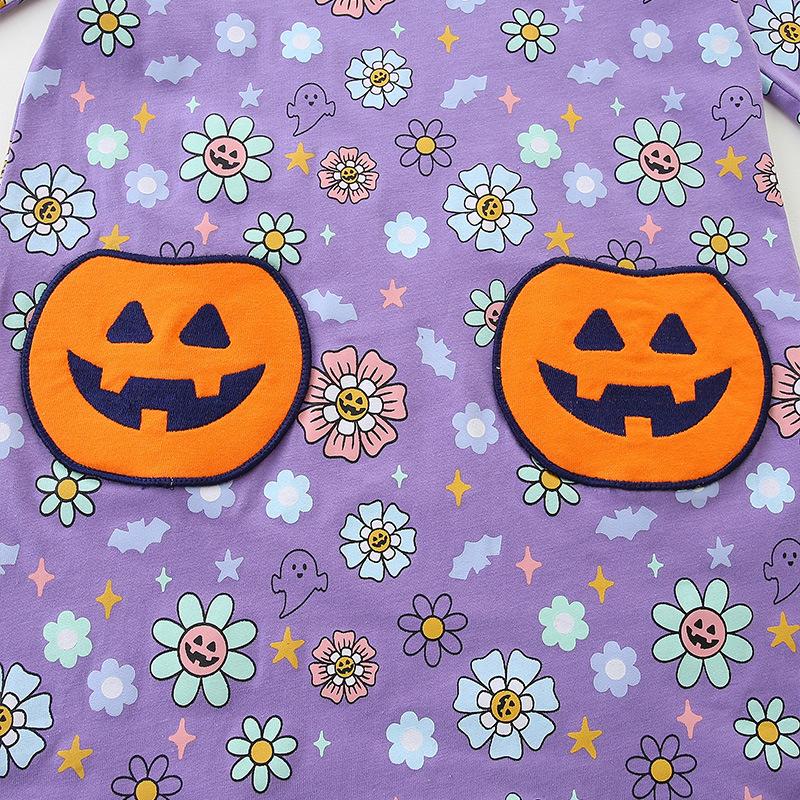 Girls Autumn Crew Neck Girls Dress Halloween Patch Long Sleeve Skirt