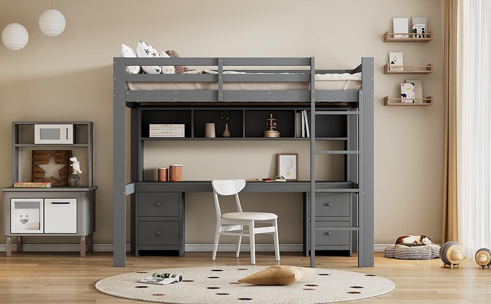 90*200Cm loft bed, children's beds, bed on top, table below, large storage space, high railing, stable stairs, grey