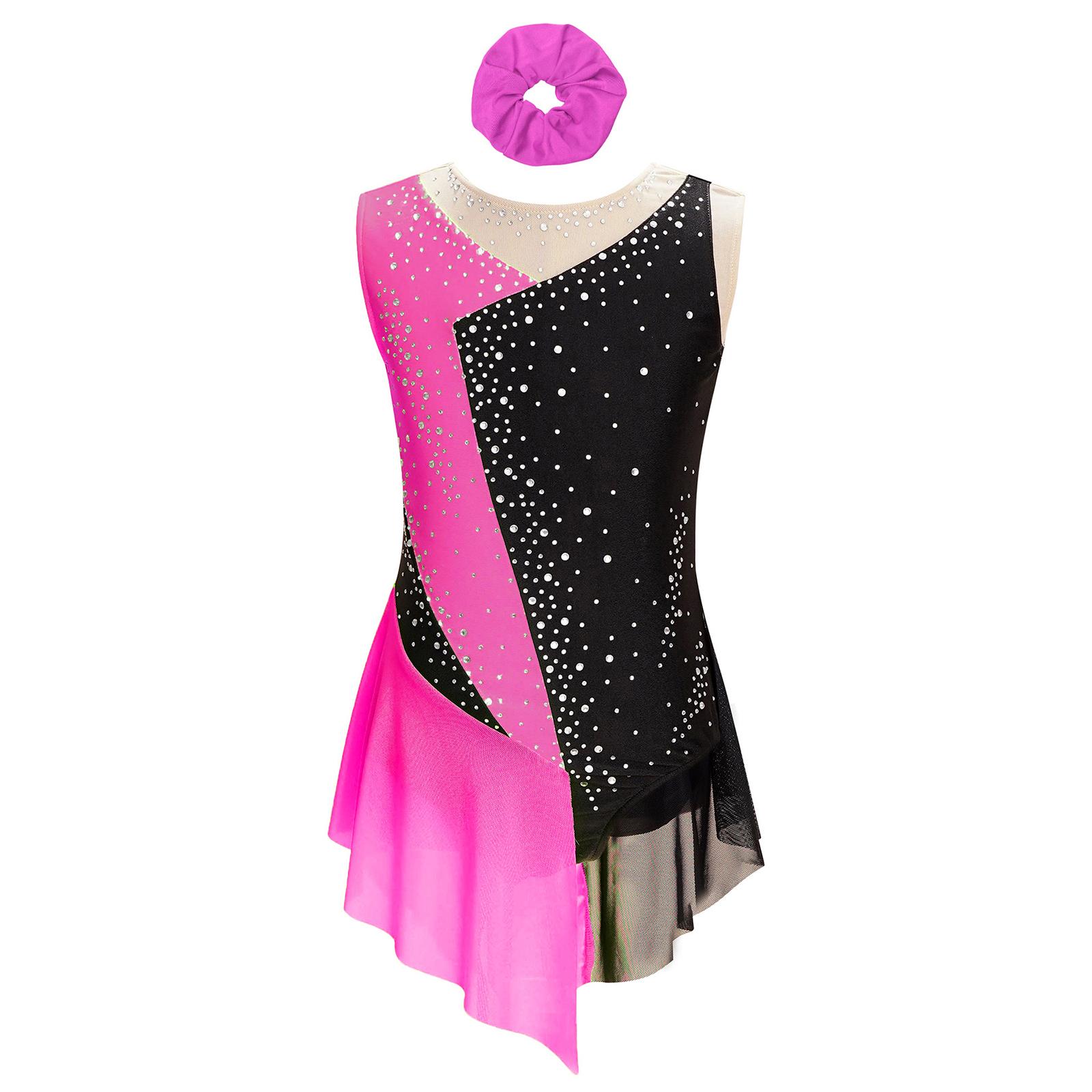 

Girls Figure Skating Outfit Sparkly Rhinestone Color Block Leotard Sheer Mesh Patchwork Sleeveless Bodysuit with Hairband 11-12 Years