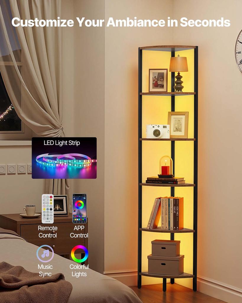 VEVOR 6 Tier Corner Shelf, Tall Corner Stand with LED Light, Wall Shelves Tower Storage Organizer with Metal Frame & Wooden Shelves
