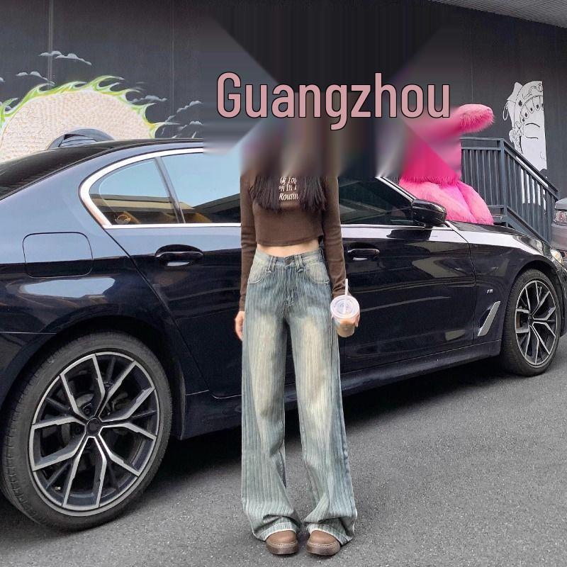 High-Waisted Retro Striped Wide-Leg Jeans - Women s Autumn/Winter Korean Style Medium