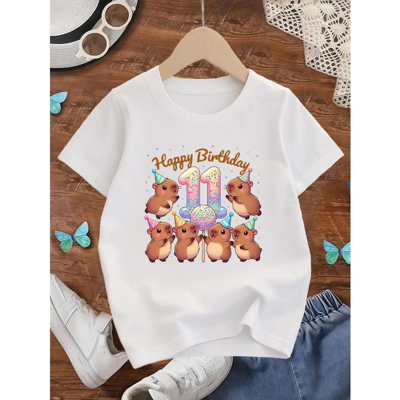 European sizes Girl's Round Neck Short Sleeve Capybara Balloon Birthday Print, Sweet and Cute, Spring/Summer School and Outing Outfit