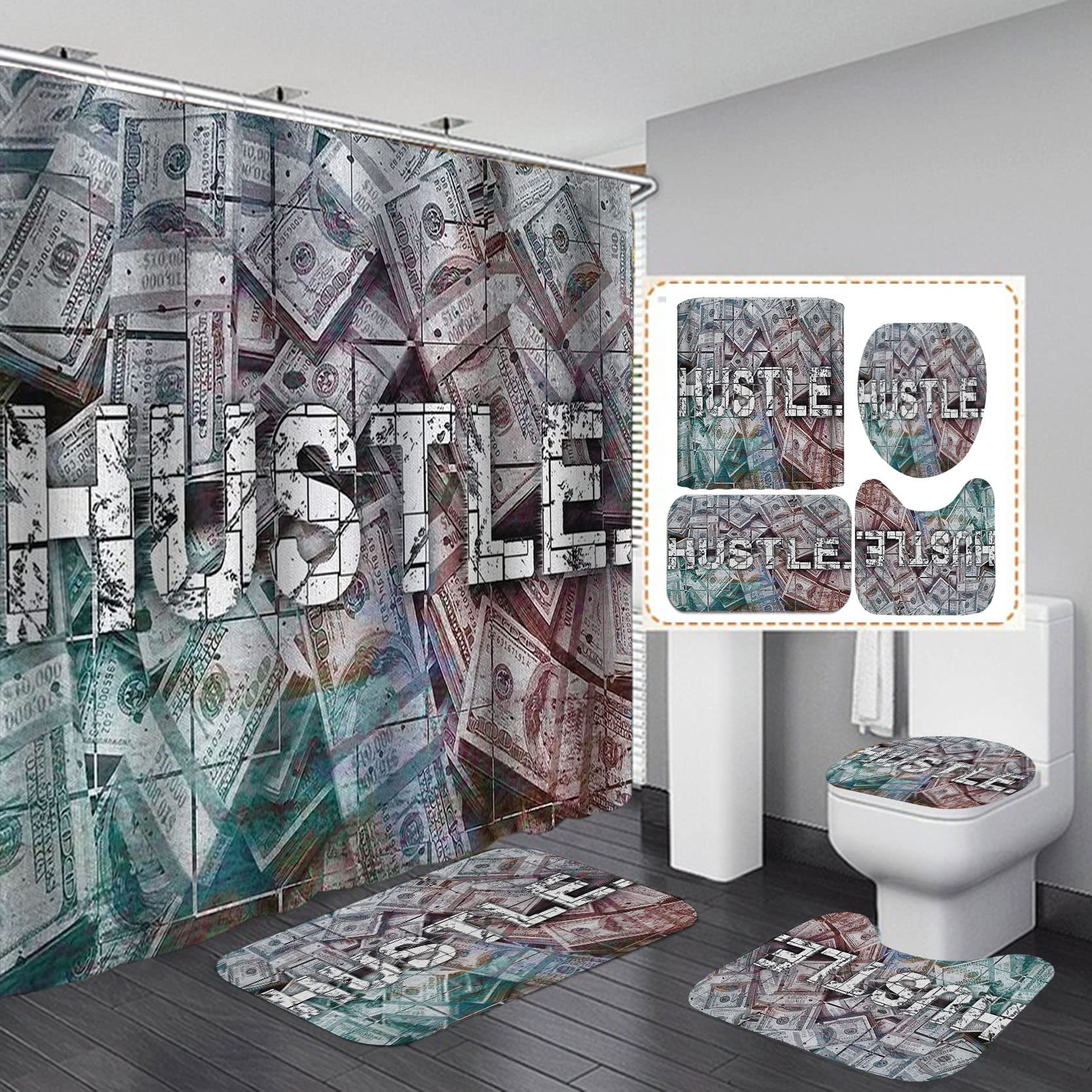 

Money Shower Curtain Set Hundred Us Dollar Bills Cash Benjamin Franklin Profile Luxury Modern Bath Curtain Bath Rugs Toilet Mats W60H190(CM)-1 Pcs