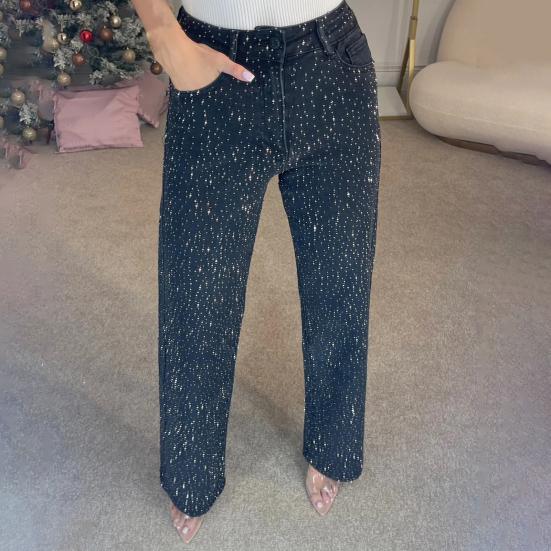 Faux Pearl Jeans for Women High Waist Straight Leg Stretch Denim Pants Casual Wide Leg Beaded Baggy Pants