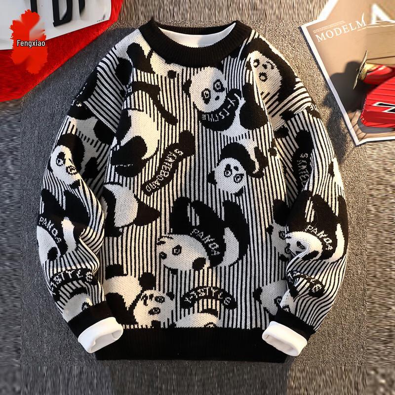 

Fengxiao Men s Panda Jacquard Round Neck Sweater M
